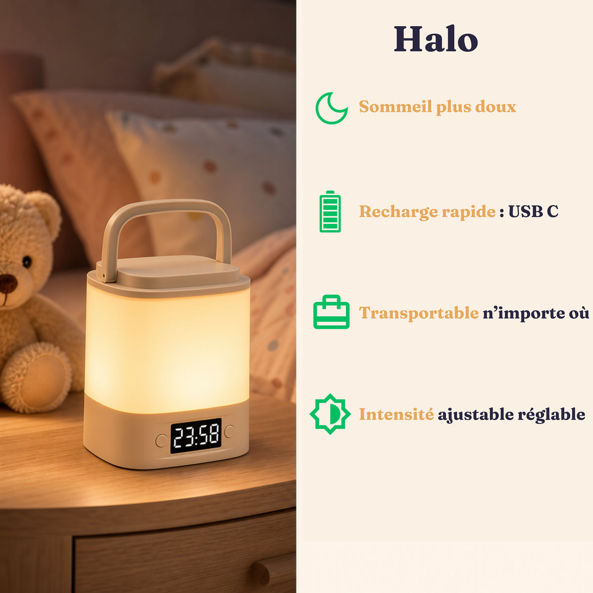 Veilleuse adulte tactile Halo, diffusion de lumière à 360°, Amidenuit