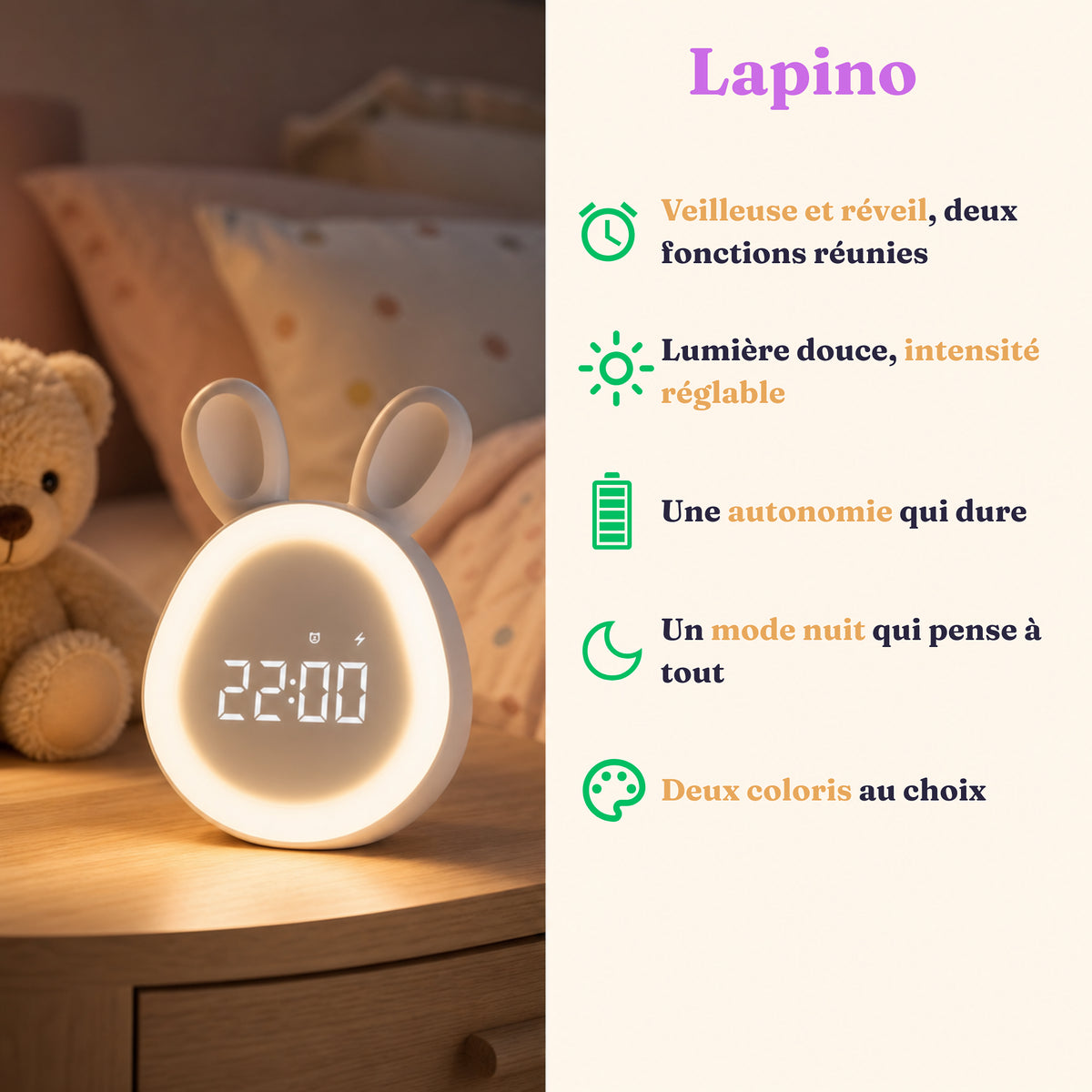 Réveil enfant veilleuse Lapino en forme de lapin, Amidenuit