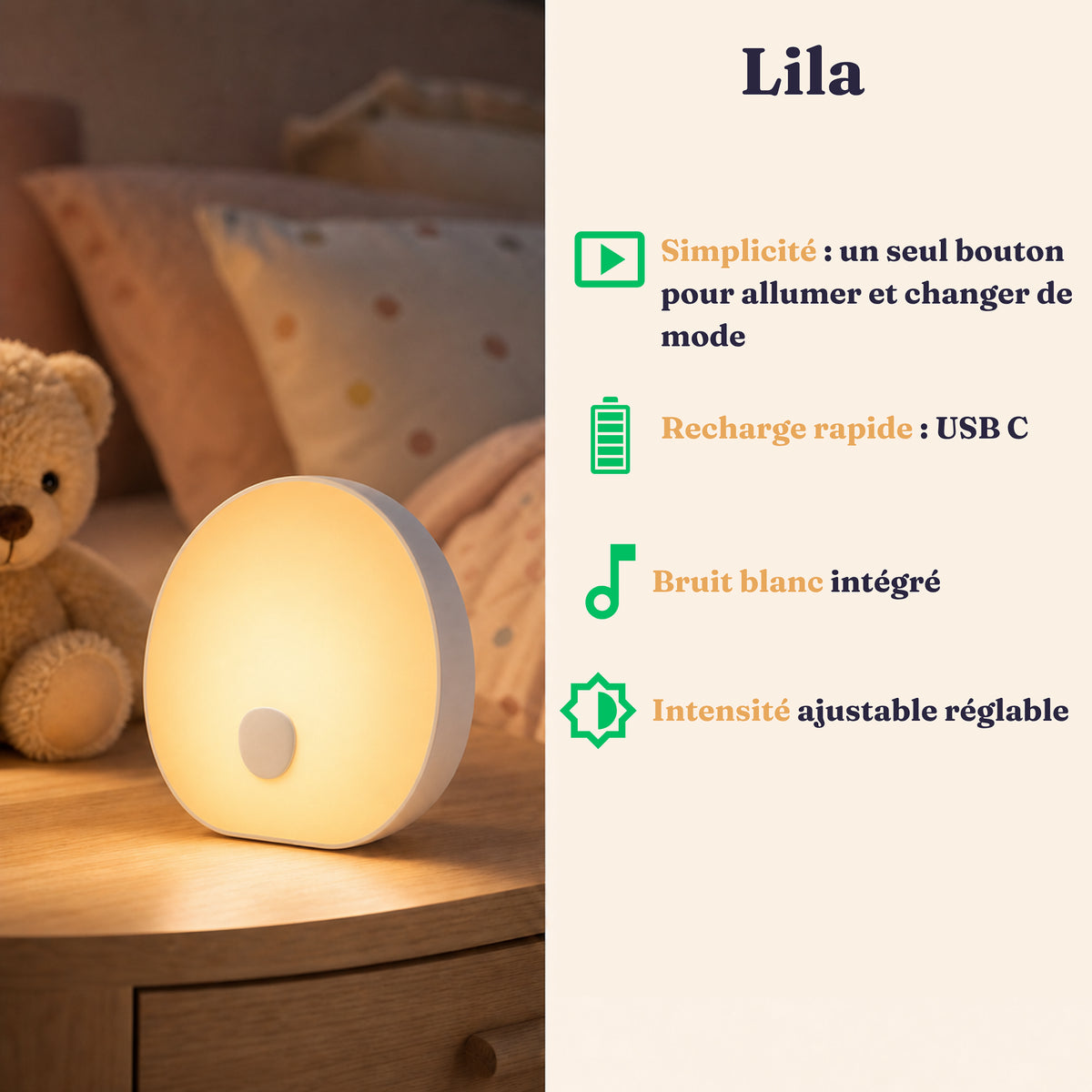 Veilleuse bébé Lila avec bruit blanc et capteur de mouvement, Amidenuit