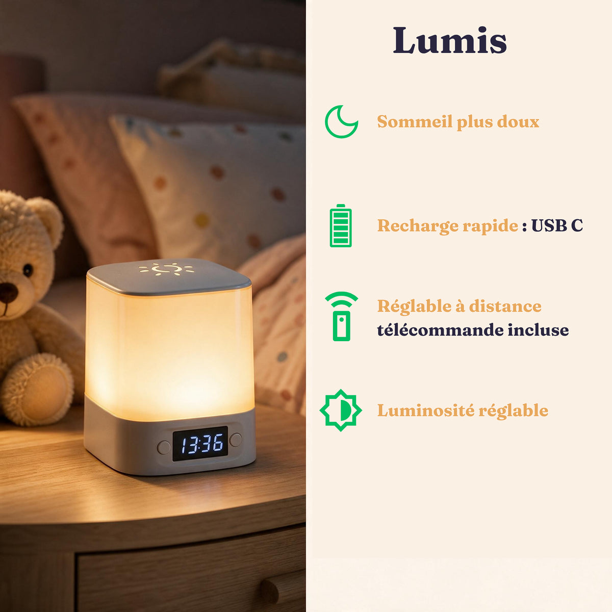 Veilleuse adulte tactile Lumis avec télécommande et affichage de l'heure, Amidenuit