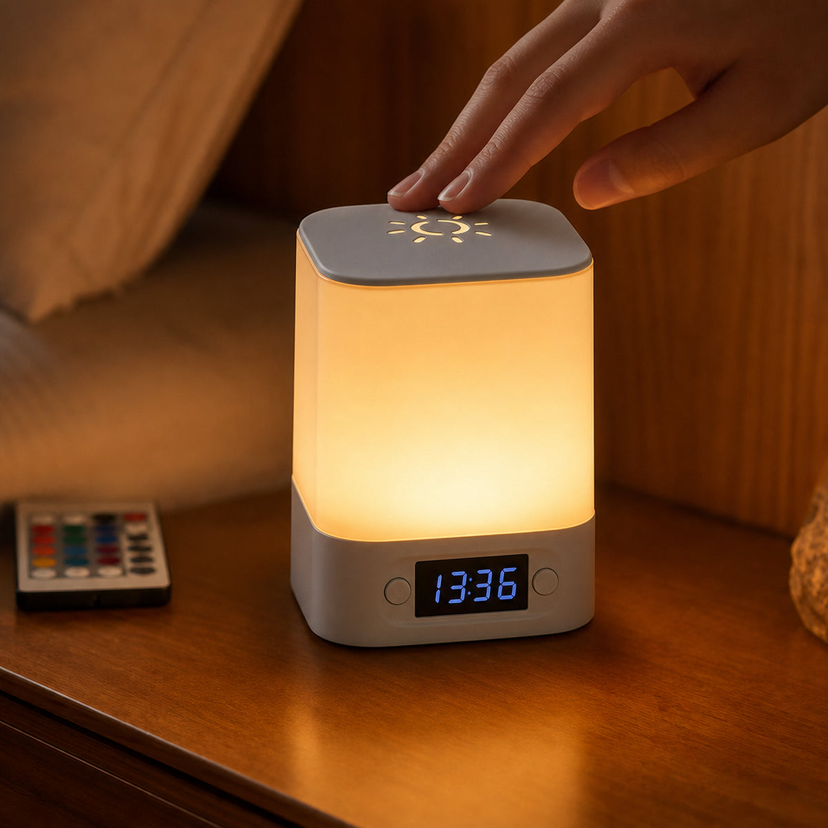 Veilleuse adulte tactile Lumis avec télécommande et affichage de l'heure, Amidenuit