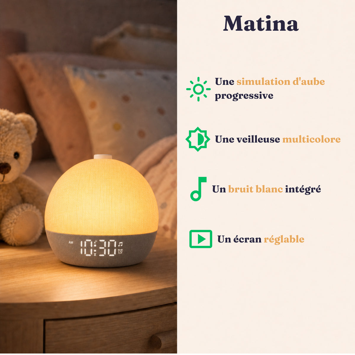 Réveil adulte simulateur d'aube Matina, Amidenuit