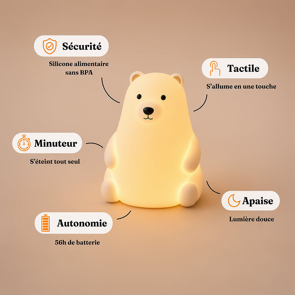 Veilleuse bébé Milo en forme d'ours, lumière ambre chaude, Amidenuit