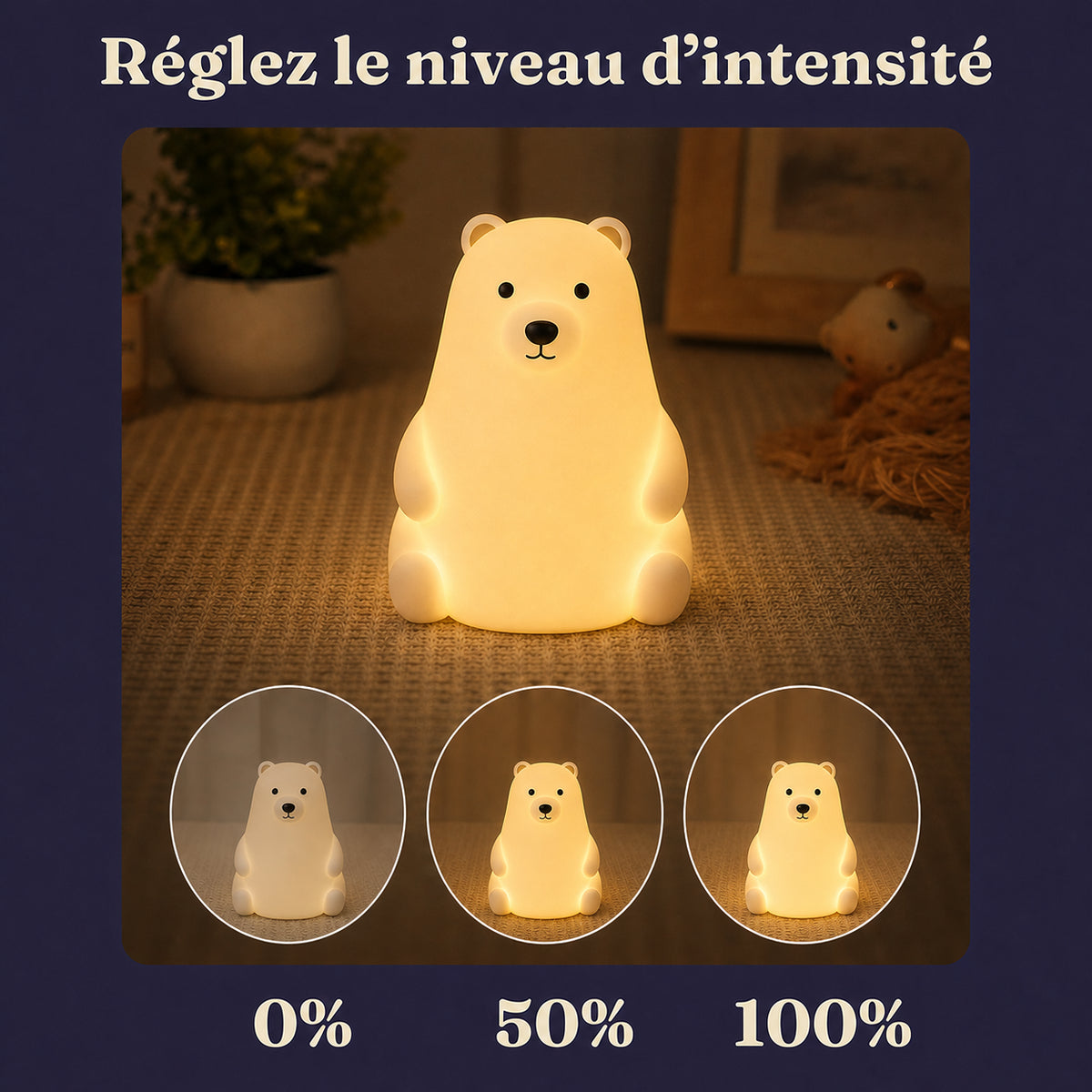 Veilleuse bébé Milo en forme d'ours, lumière ambre chaude, Amidenuit
