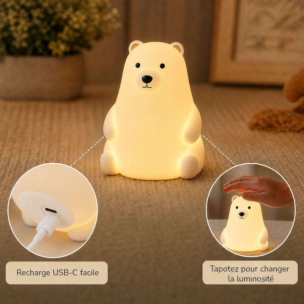 Veilleuse bébé Milo en forme d'ours, lumière ambre chaude, Amidenuit