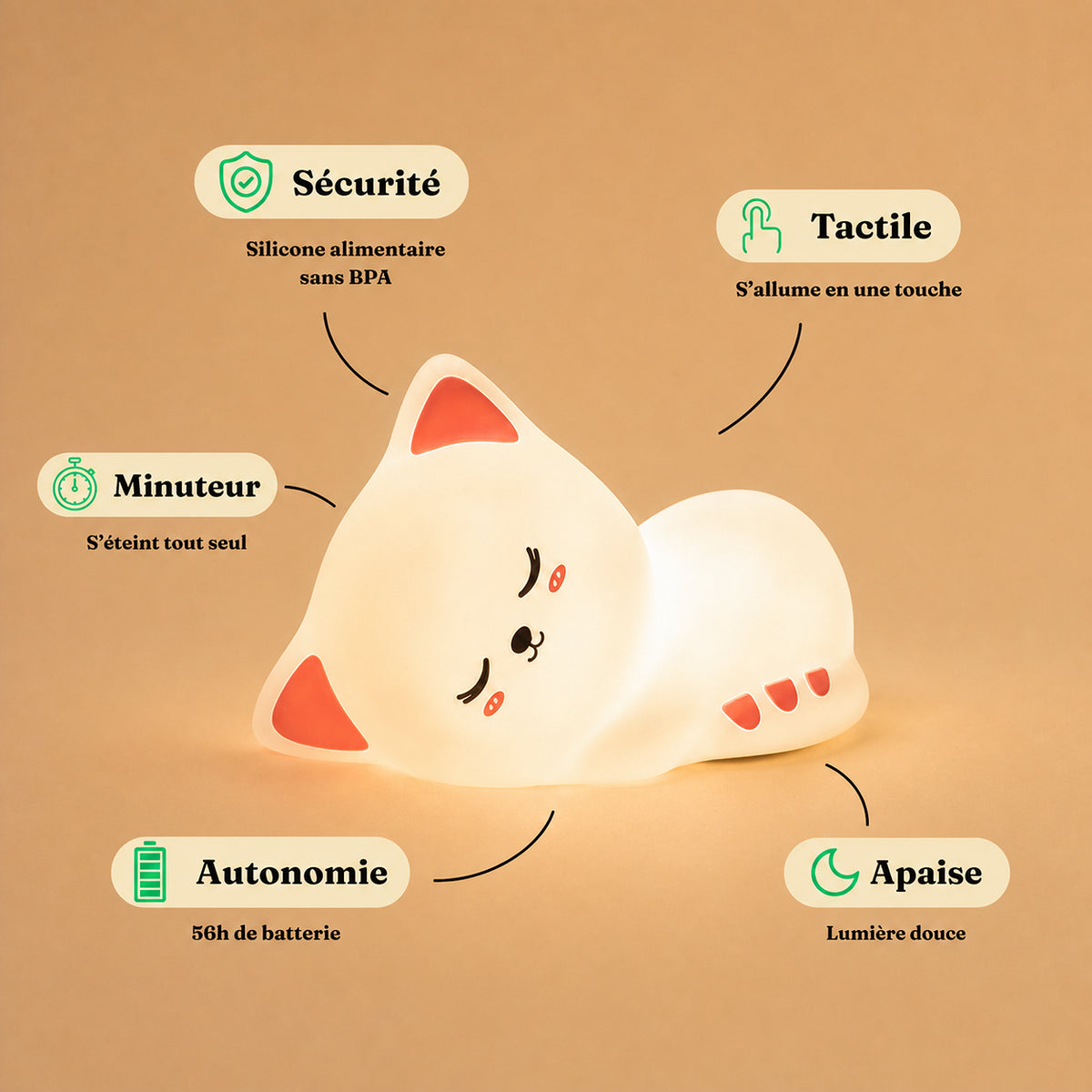Veilleuse bébé Nala en forme de chat, lumière ambre chaude, Amidenuit