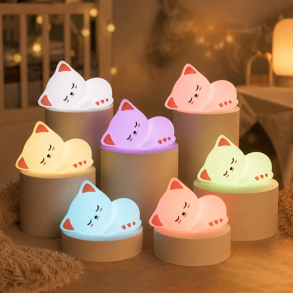 Veilleuse bébé Nala en forme de chat, lumière ambre chaude, Amidenuit