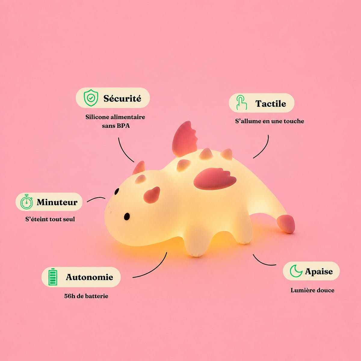 Veilleuse enfant Névé en forme de dragon des glaces, lumière chaude, Amidenuit