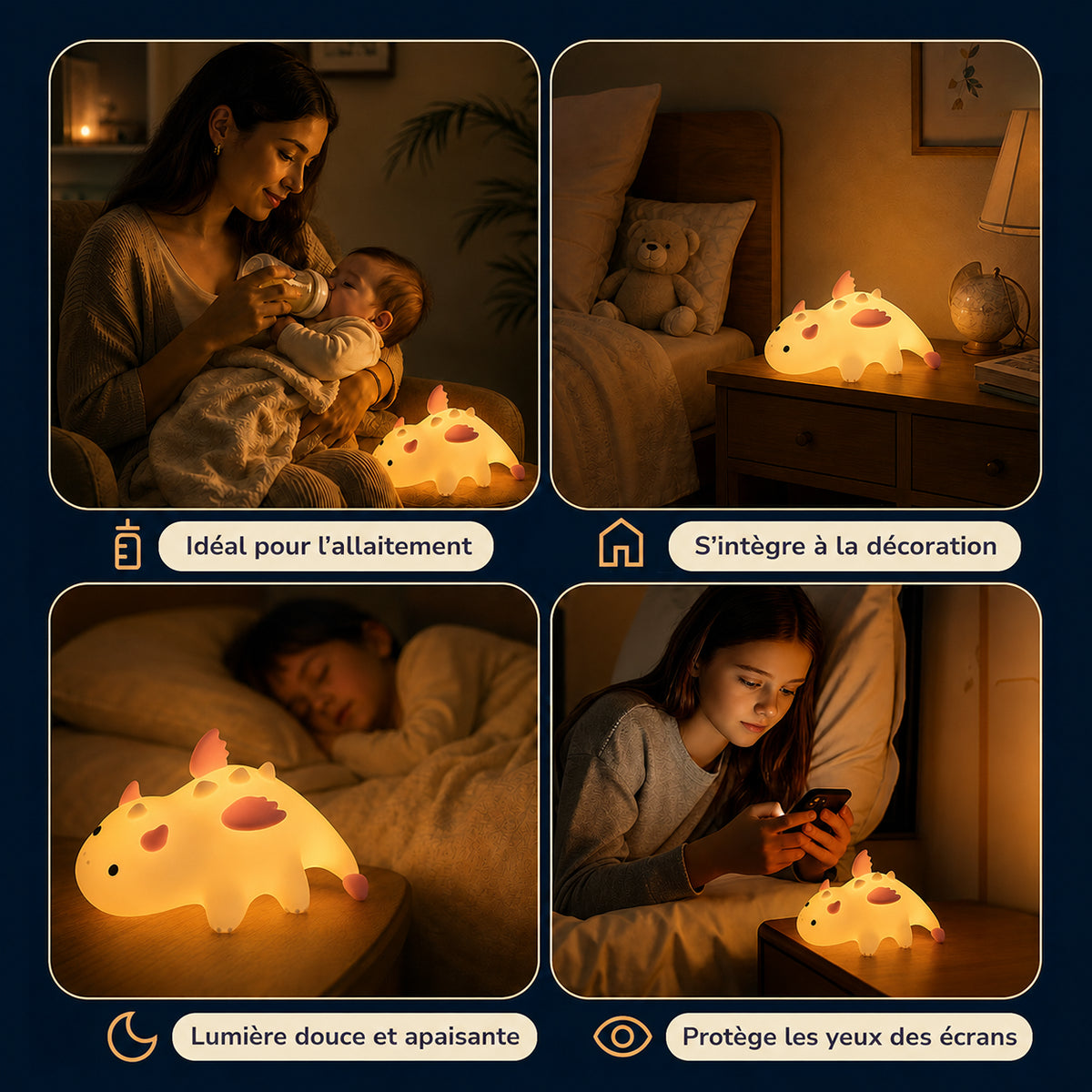 Veilleuse enfant Névé en forme de dragon des glaces, lumière chaude, Amidenuit