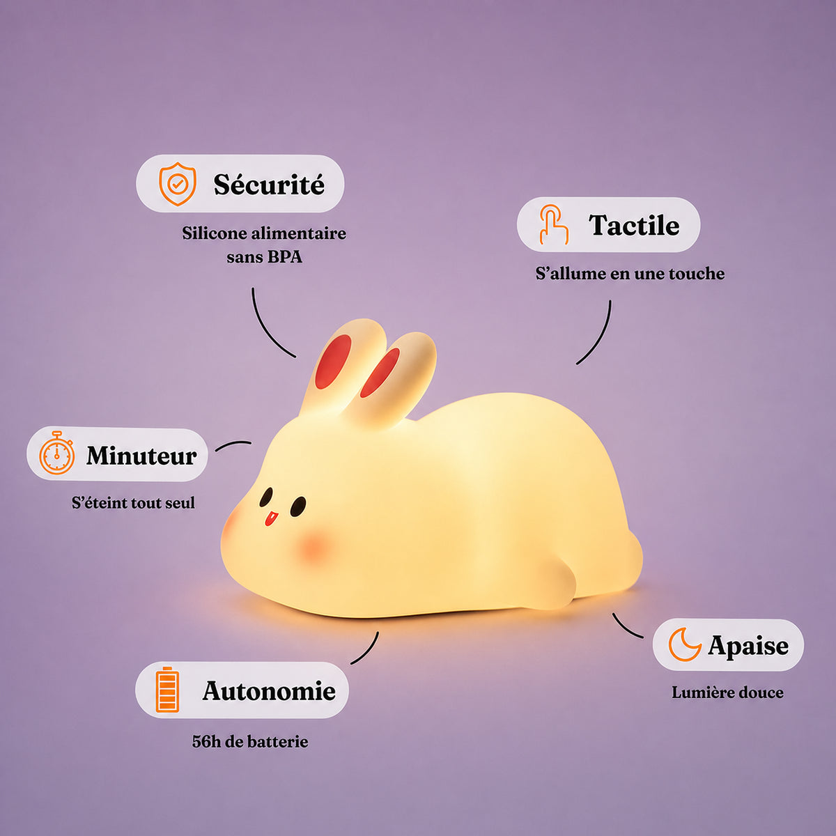 Veilleuse bébé Nino en forme de lapin, lumière ambre chaude, Amidenuit