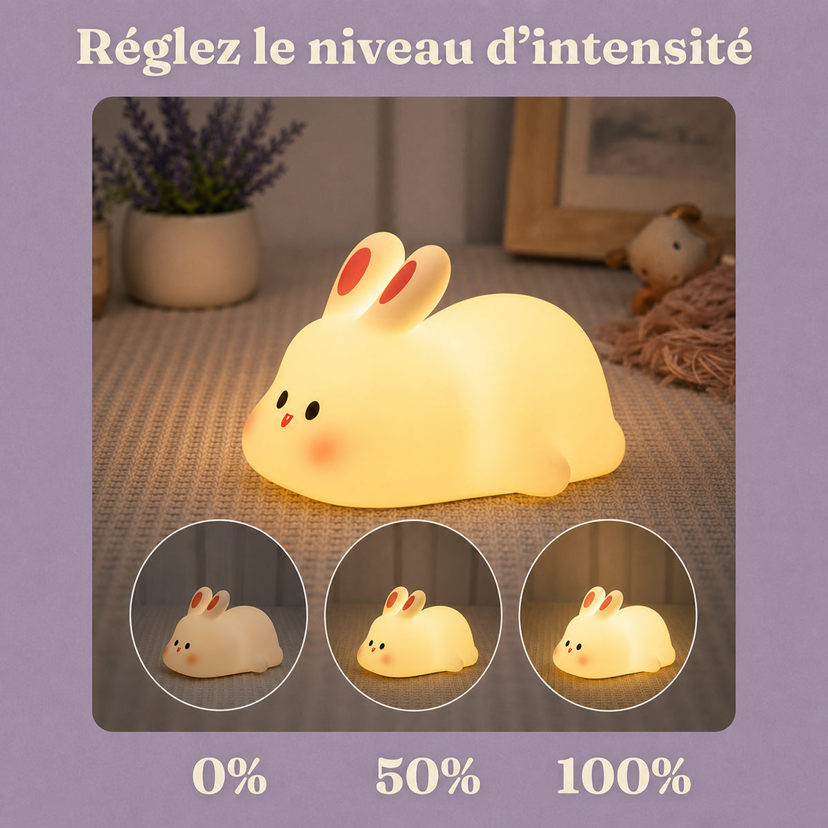 Veilleuse bébé Nino en forme de lapin, lumière ambre chaude, Amidenuit