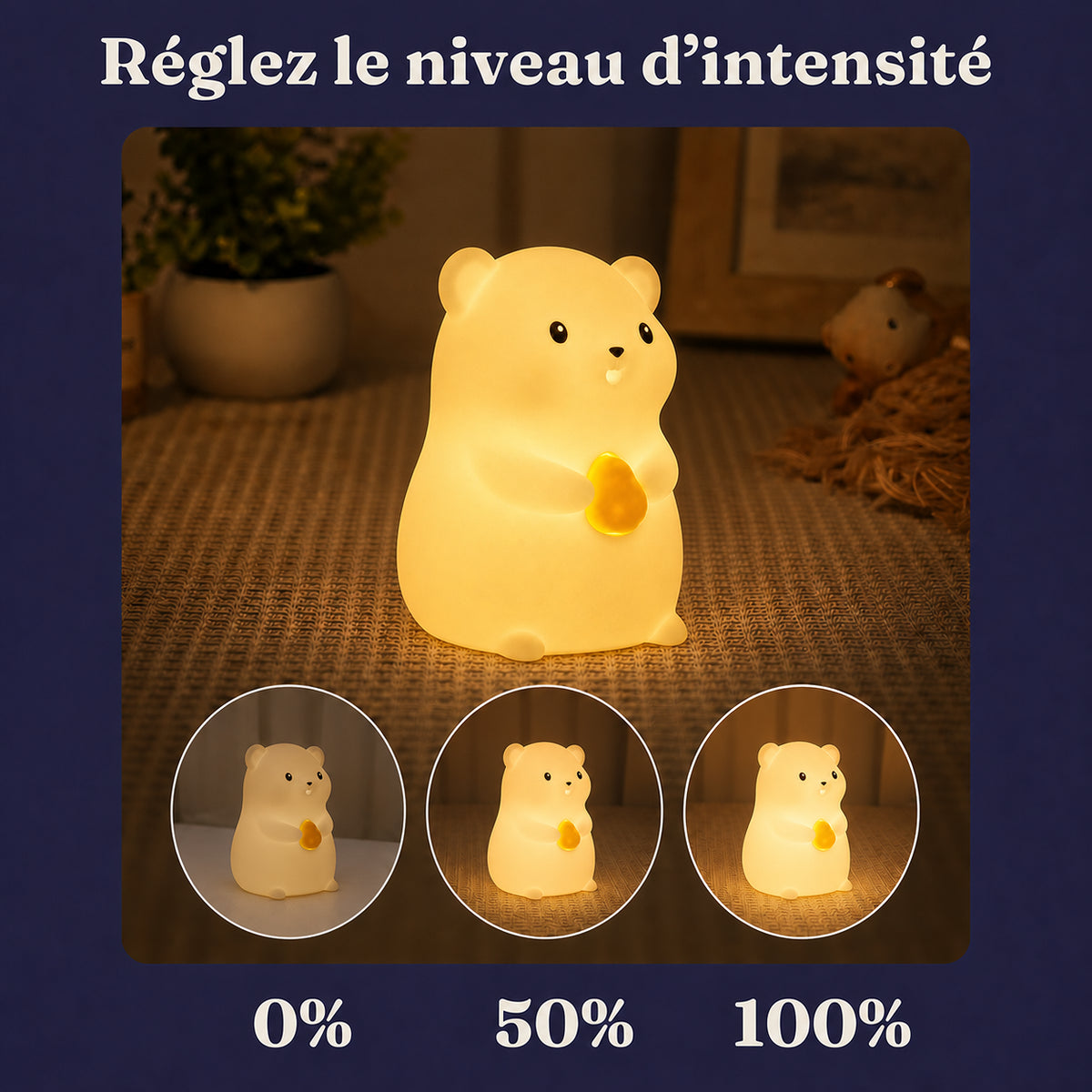 Veilleuse bébé Nooka en forme de hamster, lumière ambre chaude, Amidenuit