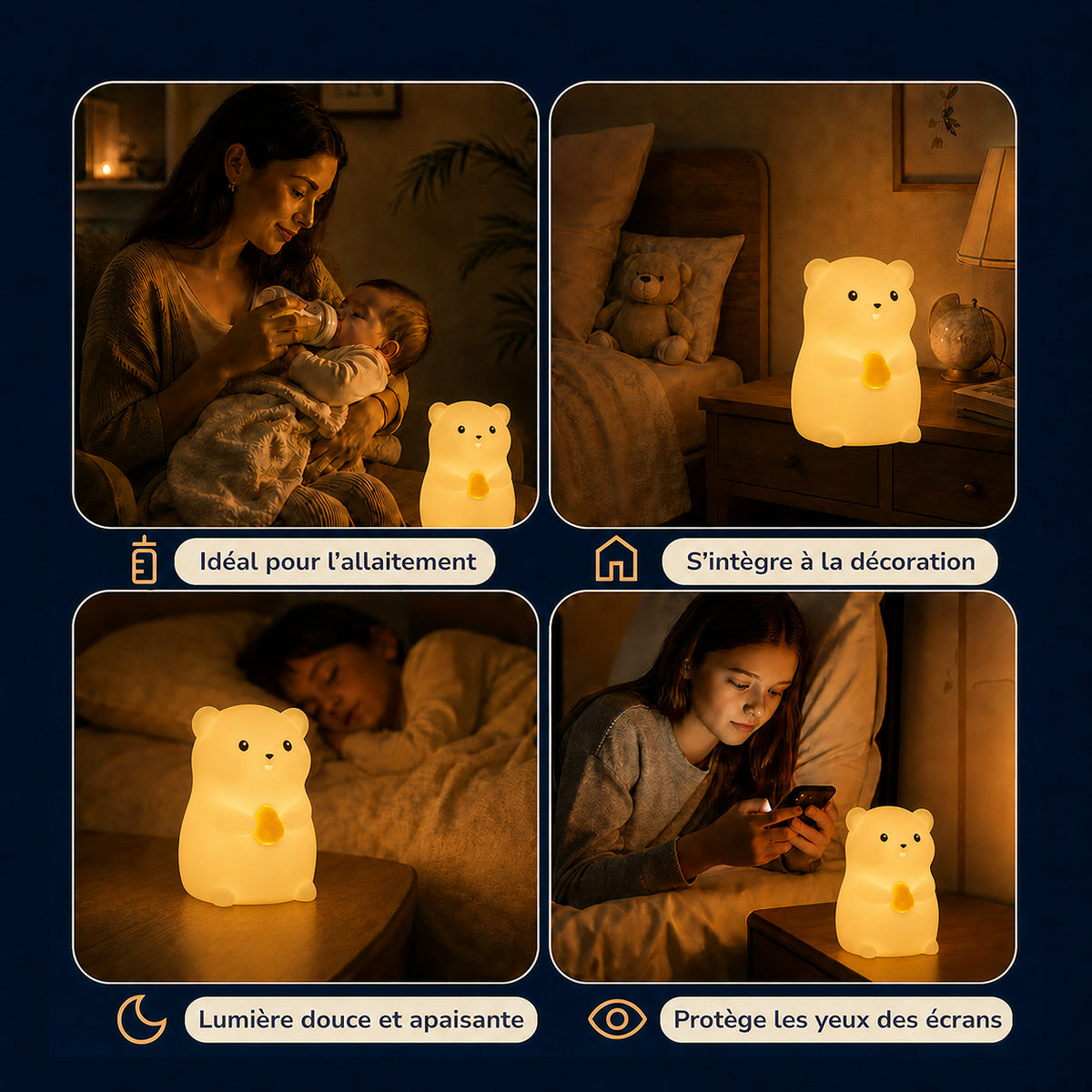 Veilleuse bébé Nooka en forme de hamster, lumière ambre chaude, Amidenuit