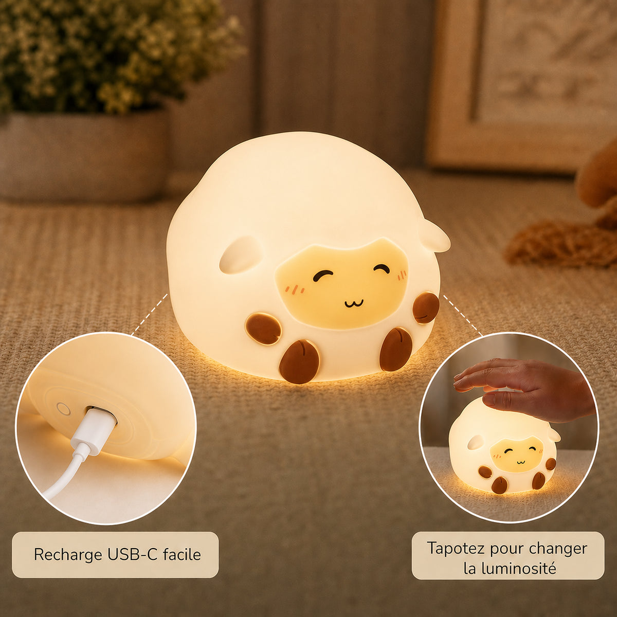 Veilleuse bébé Rosie en forme de mouton, lumière ambre chaude, Amidenuit