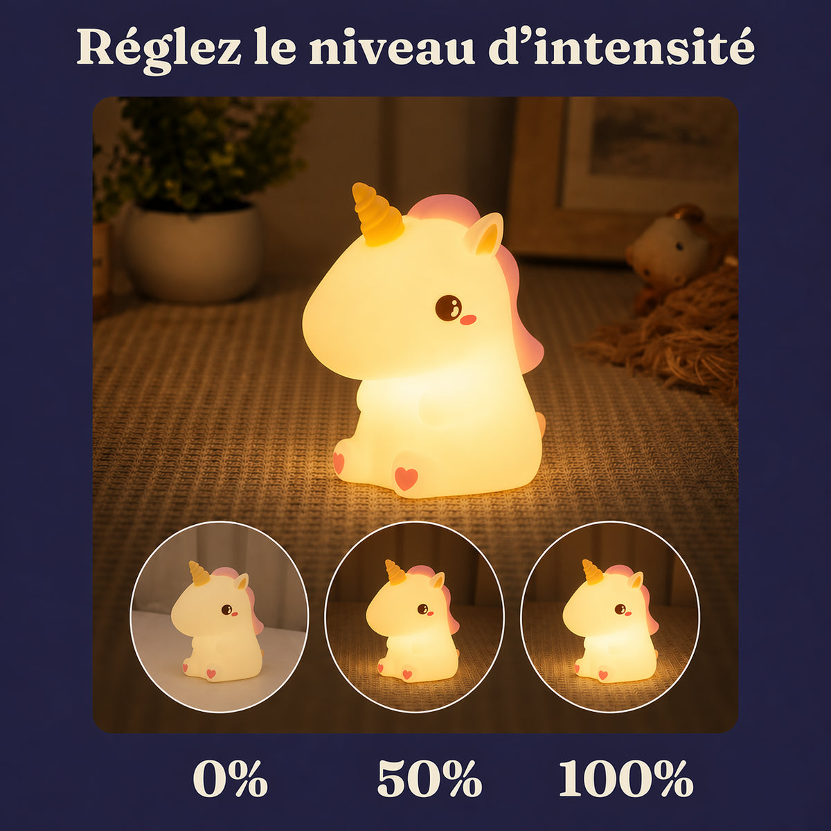 Veilleuse bébé Stella en forme de licorne, lumière ambre chaude, Amidenuit