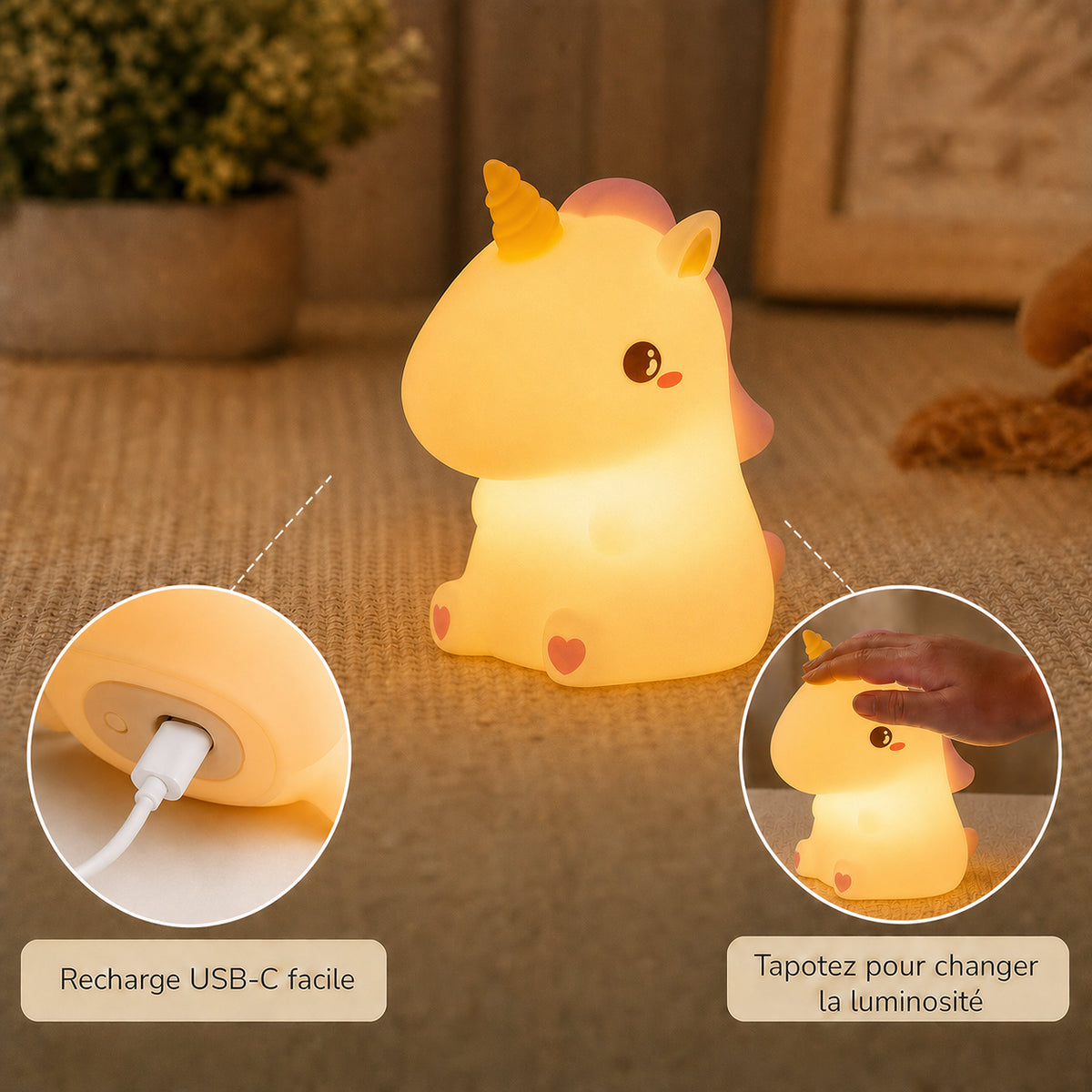Veilleuse bébé Stella en forme de licorne, lumière ambre chaude, Amidenuit