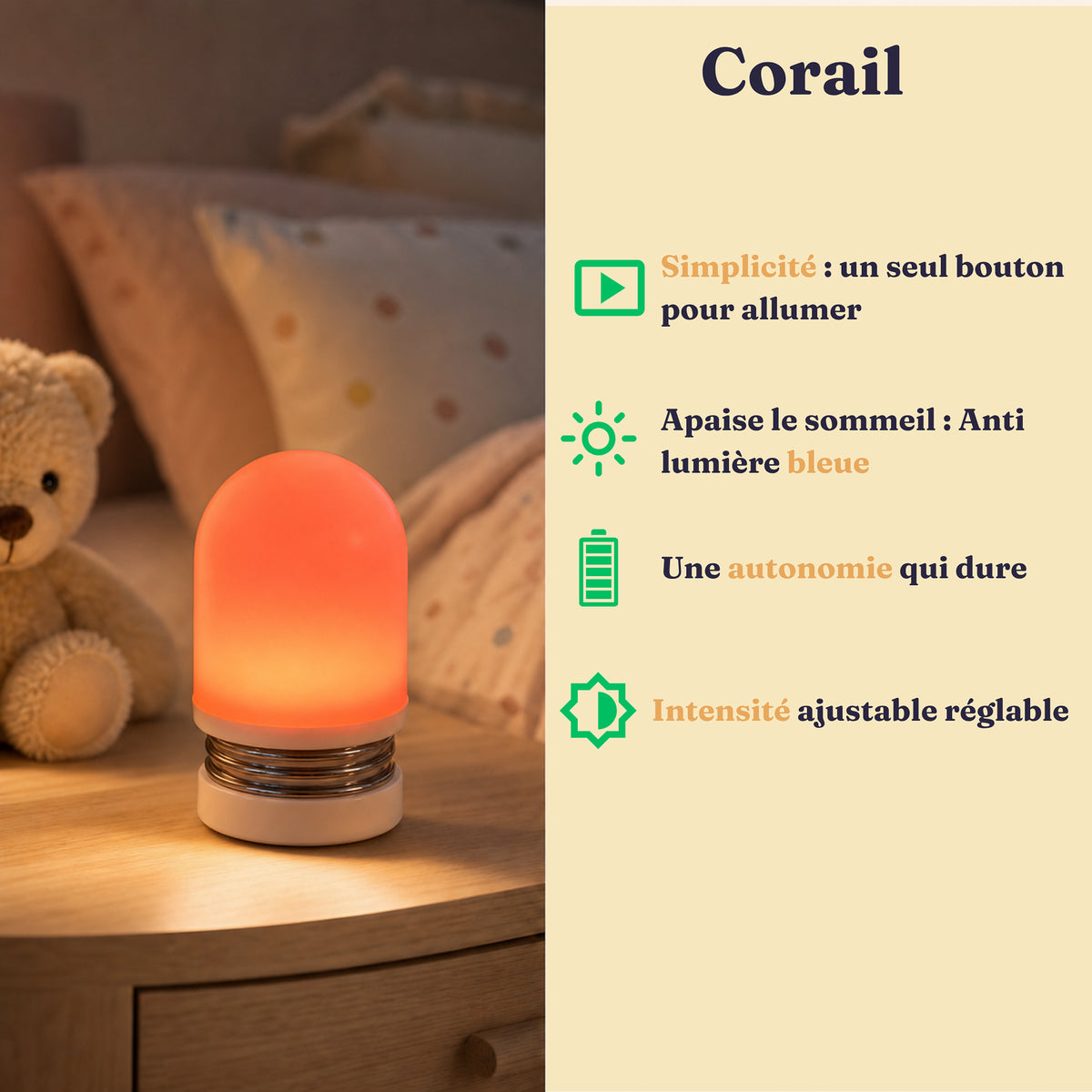 Veilleuse Corail à lumière rouge chaude sans lumière bleue, Amidenuit