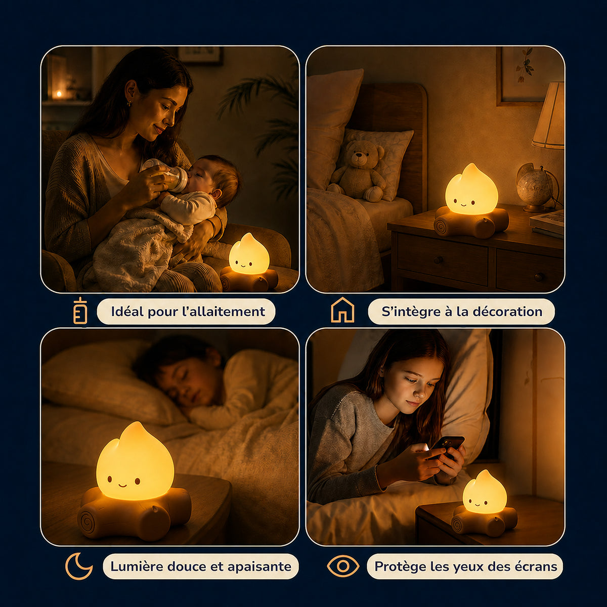 Veilleuse enfant Braise en forme de flamme, bruit blanc et lumière chaude, Amidenuit