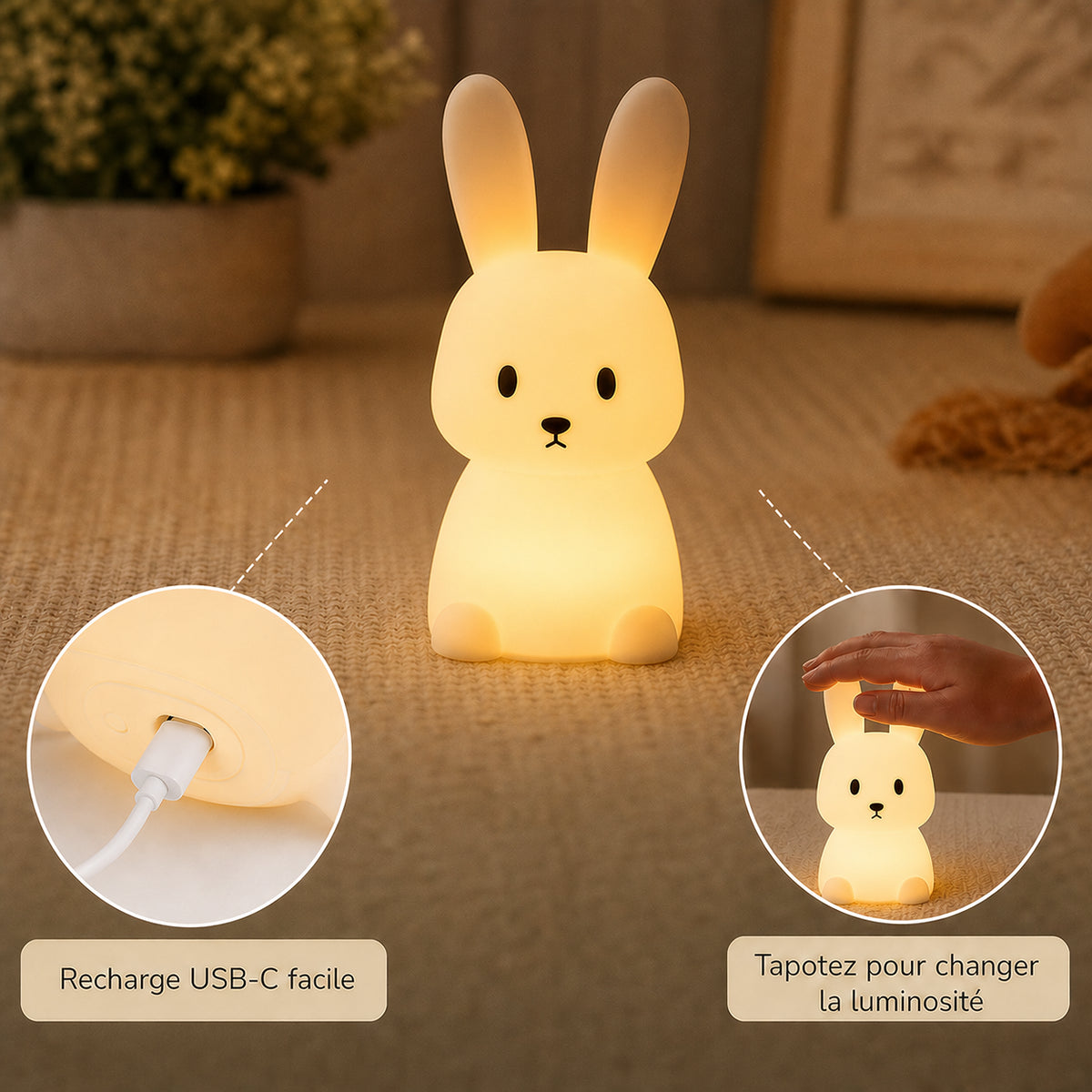 Veilleuse bébé Praline en forme de lapin, silicone doux et lumière ambre chaude, Amidenuit
