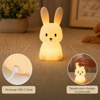 Veilleuse bébé Praline en forme de lapin, silicone doux et lumière ambre chaude, Amidenuit