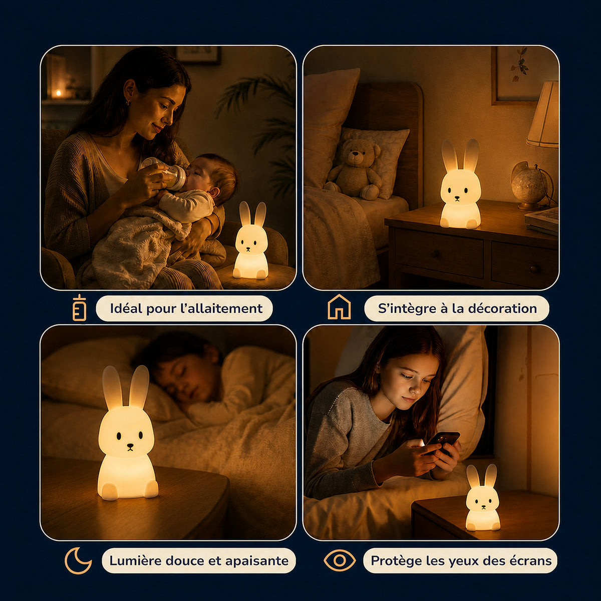 Veilleuse bébé Praline en forme de lapin, silicone doux et lumière ambre chaude, Amidenuit