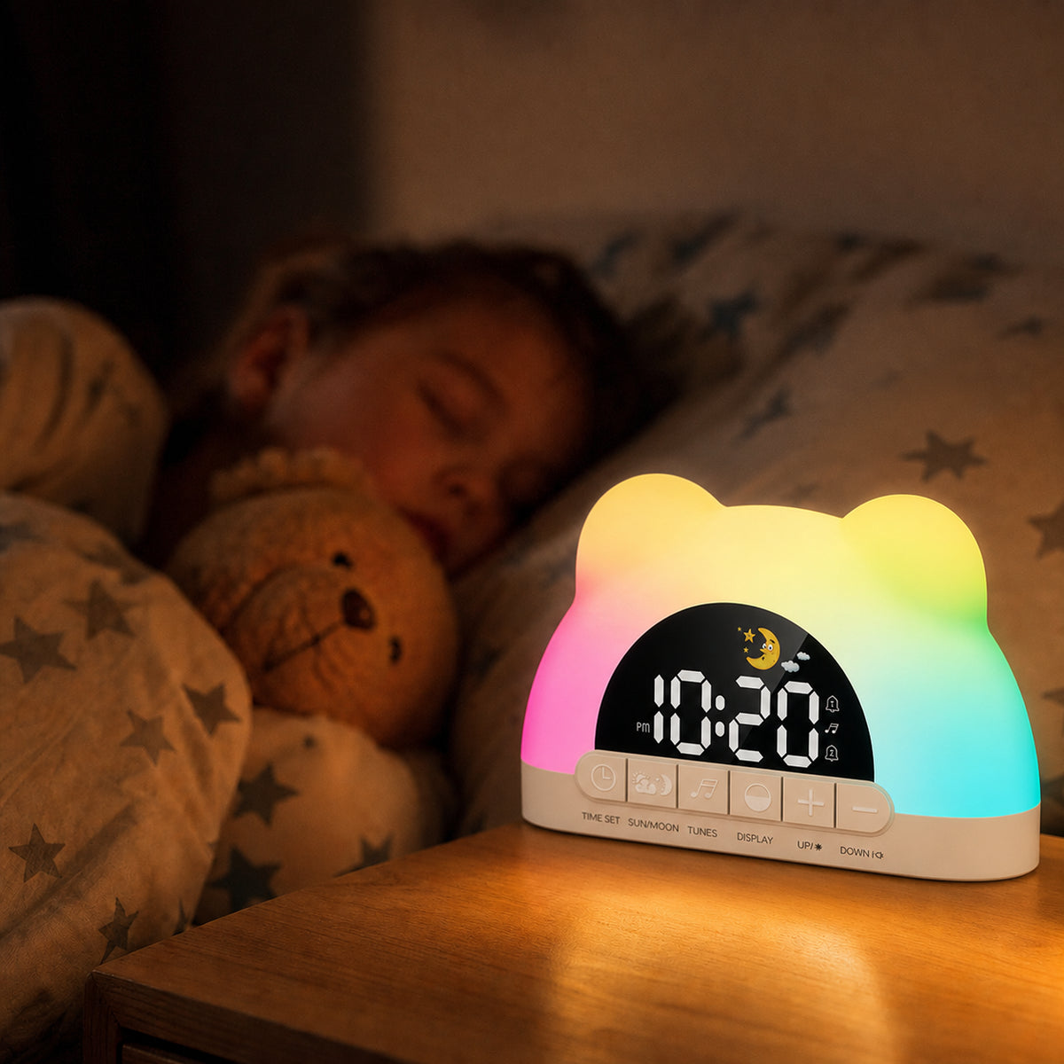 Réveil enfant Teddy en forme d'ours, lumière colorée évolutive pour un réveil en douceur, Amidenuit