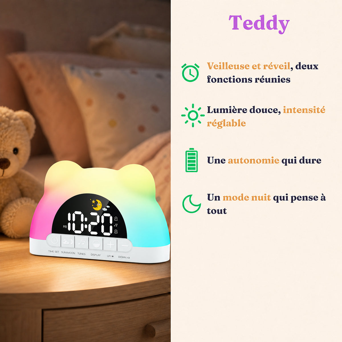 Réveil enfant Teddy en forme d'ours, lumière colorée évolutive pour un réveil en douceur, Amidenuit